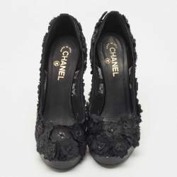 Pre Owned Chanel Black Fabric Organza Camellia CC Flower Platform Pump Size 40