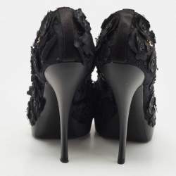 Pre Owned Chanel Black Fabric Organza Camellia CC Flower Platform Pump Size 40