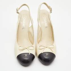 Pre Owned Chanel Off White/Black Leather CC Cap Toe Bow Slingback Pumps Size 40