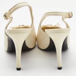 Pre Owned Chanel Off White/Black Leather CC Cap Toe Bow Slingback Pumps Size 40