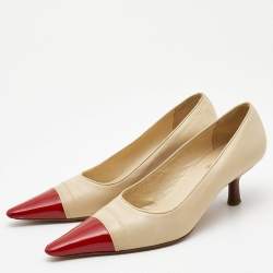 Pre Owned Chanel Beige/Red Patent and Leather Pointed Toe Pumps Size  38.5