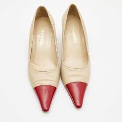 Pre Owned Chanel Beige/Red Patent and Leather Pointed Toe Pumps Size  38.5