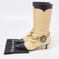 Chanel Beige/Black Leather Cap Toe Midcalf Boots Size 39