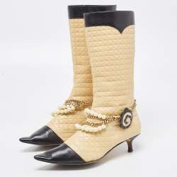Chanel Beige/Black Leather Cap Toe Midcalf Boots Size 39