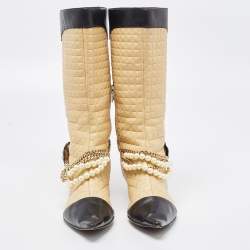 Chanel Beige/Black Leather Cap Toe Midcalf Boots Size 39