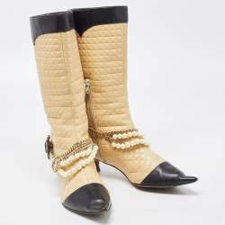 Chanel Beige/Black Leather Cap Toe Midcalf Boots Size 39
