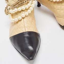 Chanel Beige/Black Leather Cap Toe Midcalf Boots Size 39