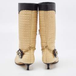 Chanel Beige/Black Leather Cap Toe Midcalf Boots Size 39