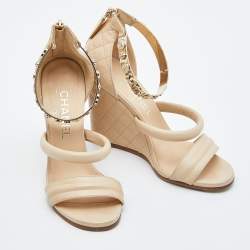 Chanel Beige Quilted Leather Bracelet Ankle Strap Wedge Sandals Size 36