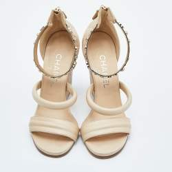 Chanel Beige Quilted Leather Bracelet Ankle Strap Wedge Sandals Size 36