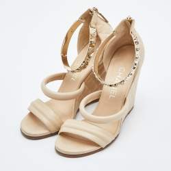 Chanel Beige Quilted Leather Bracelet Ankle Strap Wedge Sandals Size 36