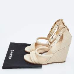 Chanel Beige Quilted Leather Bracelet Ankle Strap Wedge Sandals Size 36