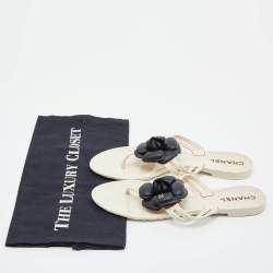 Chanel Cream/Black Jelly Camellia Thong Sandals Size 37