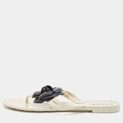 Chanel Cream/Black Jelly Camellia Thong Sandals Size 37