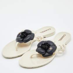 Chanel Cream/Black Jelly Camellia Thong Sandals Size 37