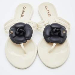Chanel Cream/Black Jelly Camellia Thong Sandals Size 37