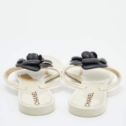 Chanel Cream/Black Jelly Camellia Thong Sandals Size 37