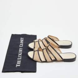 Pre Owned Chanel Beige/Black Mesh and Black Leather Trim Slide Flats Size 37