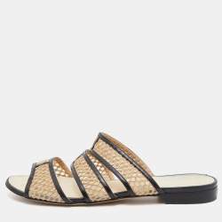 Pre Owned Chanel Beige/Black Mesh and Black Leather Trim Slide Flats Size 37