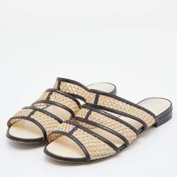 Pre Owned Chanel Beige/Black Mesh and Black Leather Trim Slide Flats Size 37