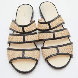 Pre Owned Chanel Beige/Black Mesh and Black Leather Trim Slide Flats Size 37