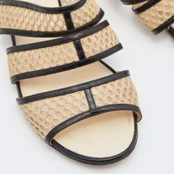 Pre Owned Chanel Beige/Black Mesh and Black Leather Trim Slide Flats Size 37