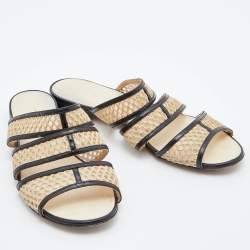 Pre Owned Chanel Beige/Black Mesh and Black Leather Trim Slide Flats Size 37