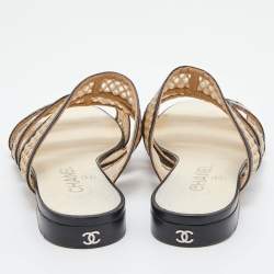 Pre Owned Chanel Beige/Black Mesh and Black Leather Trim Slide Flats Size 37