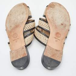 Pre Owned Chanel Beige/Black Mesh and Black Leather Trim Slide Flats Size 37