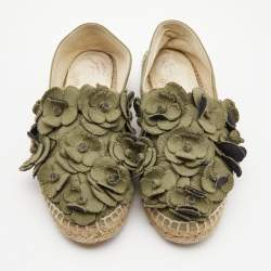 Pre Owned Chanel Green Canvas Camelia Espadrille Flats Size 37