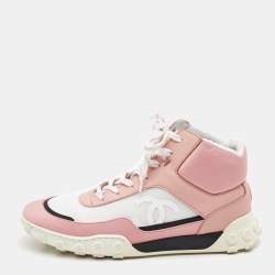 Pre Owned Chanel Pink/White Fabric and Mesh CC High Top Sneakers Size 37.5