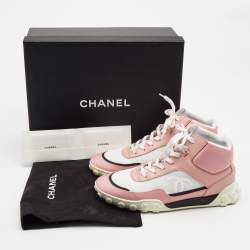Pre Owned Chanel Pink/White Fabric and Mesh CC High Top Sneakers Size 37.5