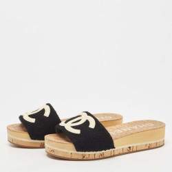 Chanel Black Tweed CC Platform Slide Sandals Size 37