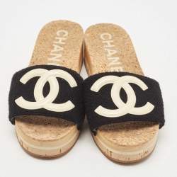 Chanel Black Tweed CC Platform Slide Sandals Size 37
