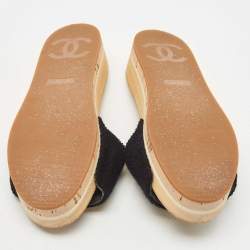 Chanel Black Tweed CC Platform Slide Sandals Size 37