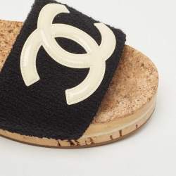Chanel Black Tweed CC Platform Slide Sandals Size 37
