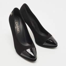 Pre Owned Chanel Black Suede and Patent Leather CC Platform Pumps Size 39