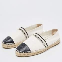 Pre Owned Chanel Off White/Black Leather CC Espadrille Flats Size 39