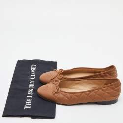 Pre Owned Chanel Brown Quilted Leather CC Bow Ballet Flats Size 39