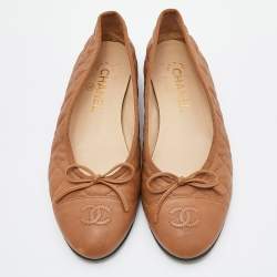 Pre Owned Chanel Brown Quilted Leather CC Bow Ballet Flats Size 39