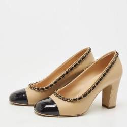 Pre Owned Chanel Beige/Black Leather and Patent Cap Toe Chain Trim CC Pumps Size 36.5
