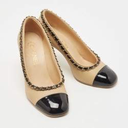 Pre Owned Chanel Beige/Black Leather and Patent Cap Toe Chain Trim CC Pumps Size 36.5