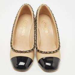 Pre Owned Chanel Beige/Black Leather and Patent Cap Toe Chain Trim CC Pumps Size 36.5