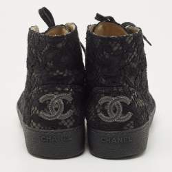 Pre Owned Chanel Black Lace CC High Top Sneakers Size 38