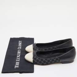 Pre Owned Chanel Black/Cream Quilted Canvas and Leather Bow Ballet Flats Size 39.5