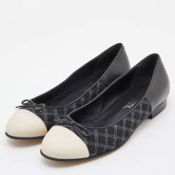 Pre Owned Chanel Black/Cream Quilted Canvas and Leather Bow Ballet Flats Size 39.5