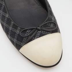 Pre Owned Chanel Black/Cream Quilted Canvas and Leather Bow Ballet Flats Size 39.5