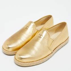 Pre Owned Chanel Metallic Gold Leather CC Slip On Espadrilles Flats Size 39.5