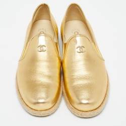 Pre Owned Chanel Metallic Gold Leather CC Slip On Espadrilles Flats Size 39.5