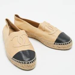 Chanel Black/Beige Leather CC  Espadrille Flats Size 38
